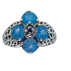 Pranda Sterling Silver Blue Topaz Sapphire Ring Size 5.75 Ornate Art Deco Signed
